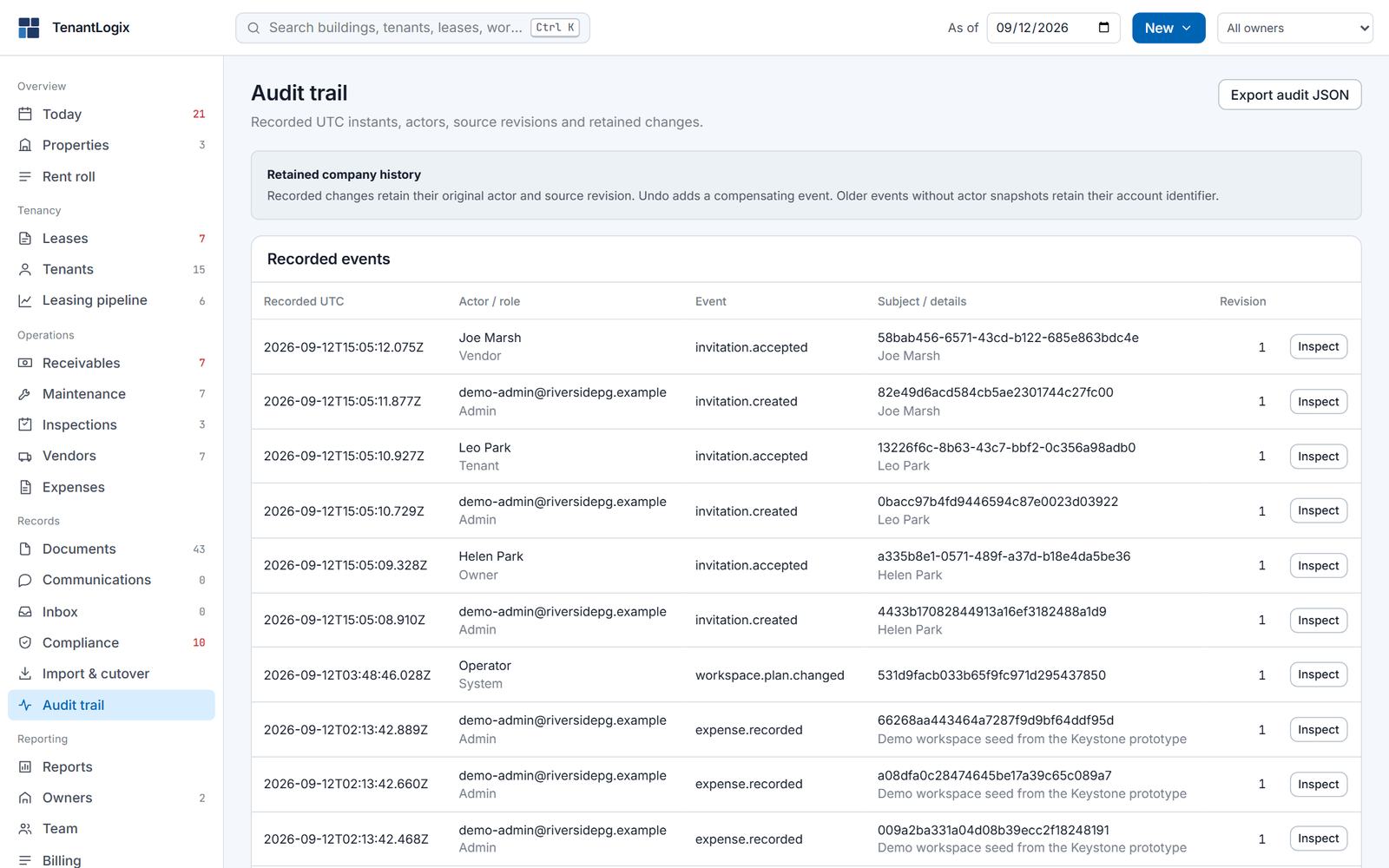 Audit trail: recorded events with UTC time, actor and role, event name, subject and revision