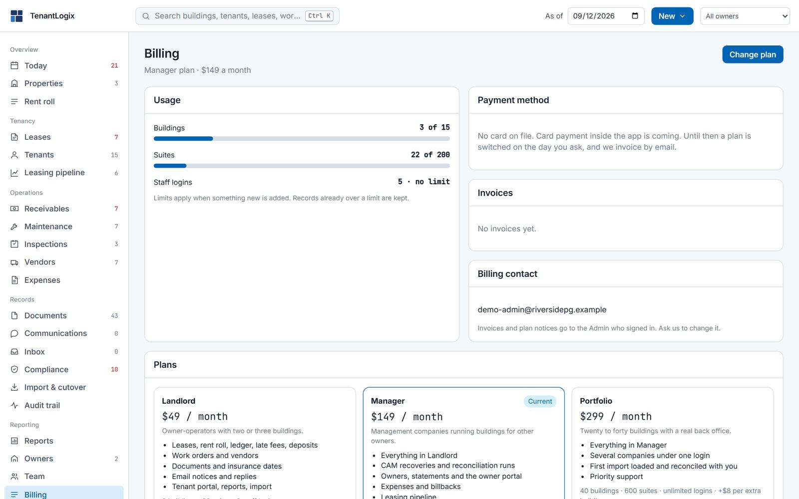 Billing page: buildings, suites and staff logins used against the plan, the payment method note, and the three plans side by side