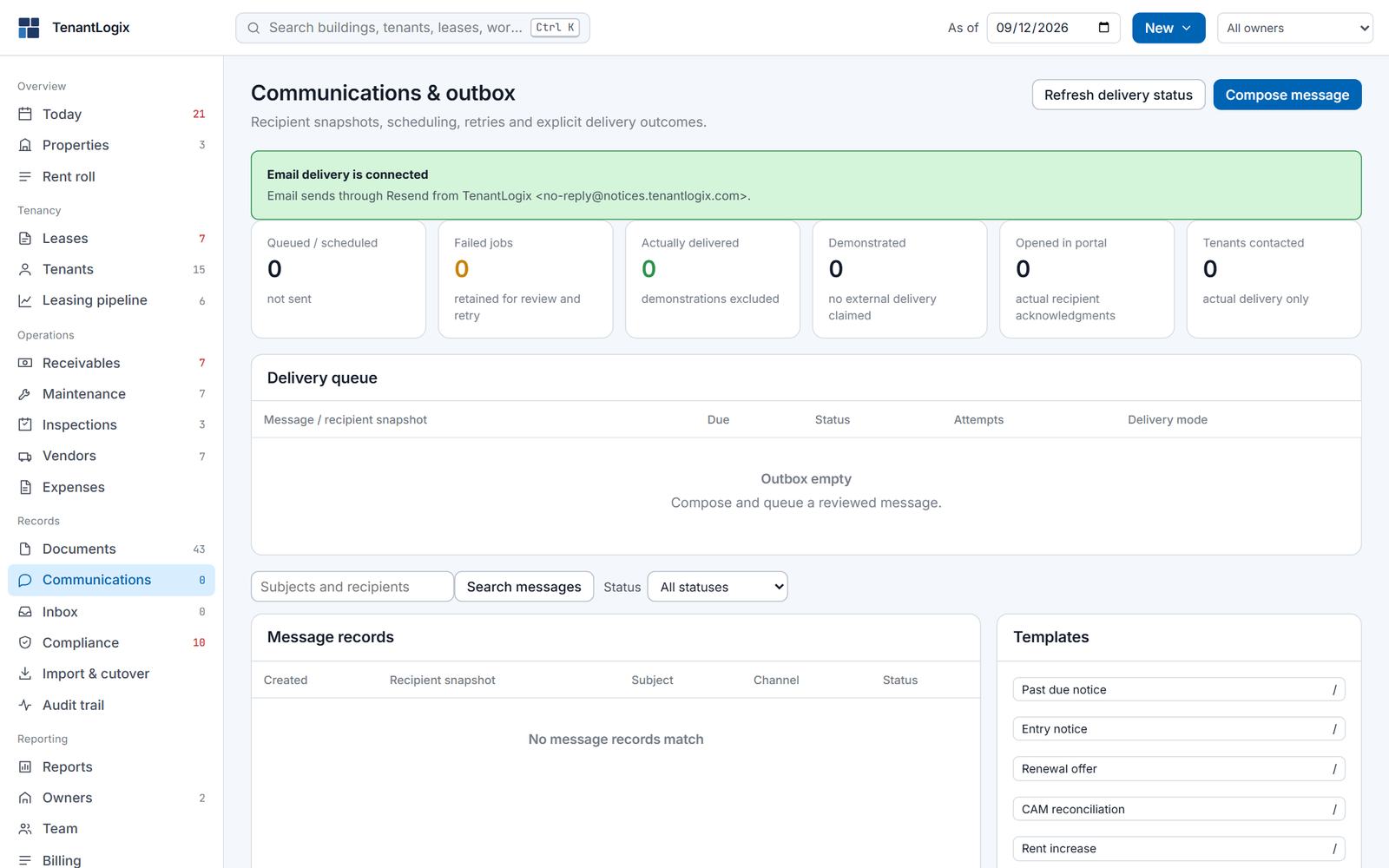 Communications and outbox: email delivery connected through notices.tenantlogix.com, the delivery queue, message records and notice templates