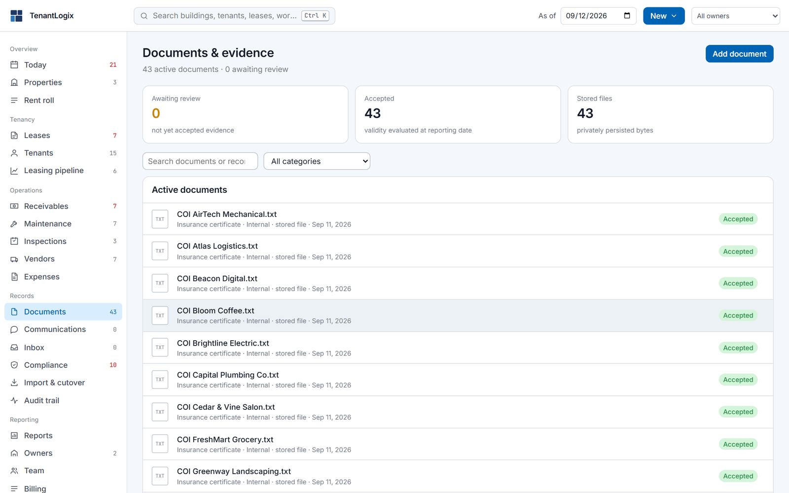 Documents and evidence: counts of pending and accepted documents, and a list of active documents with acceptance status