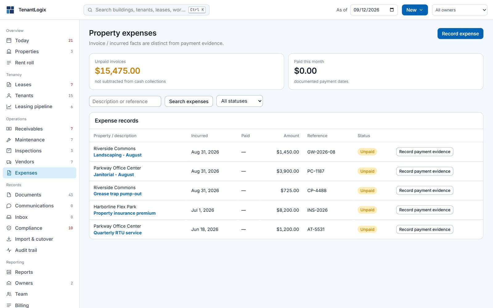 Property expenses: unpaid invoices and paid this month, with expense records by property, incurred date, amount, reference and status