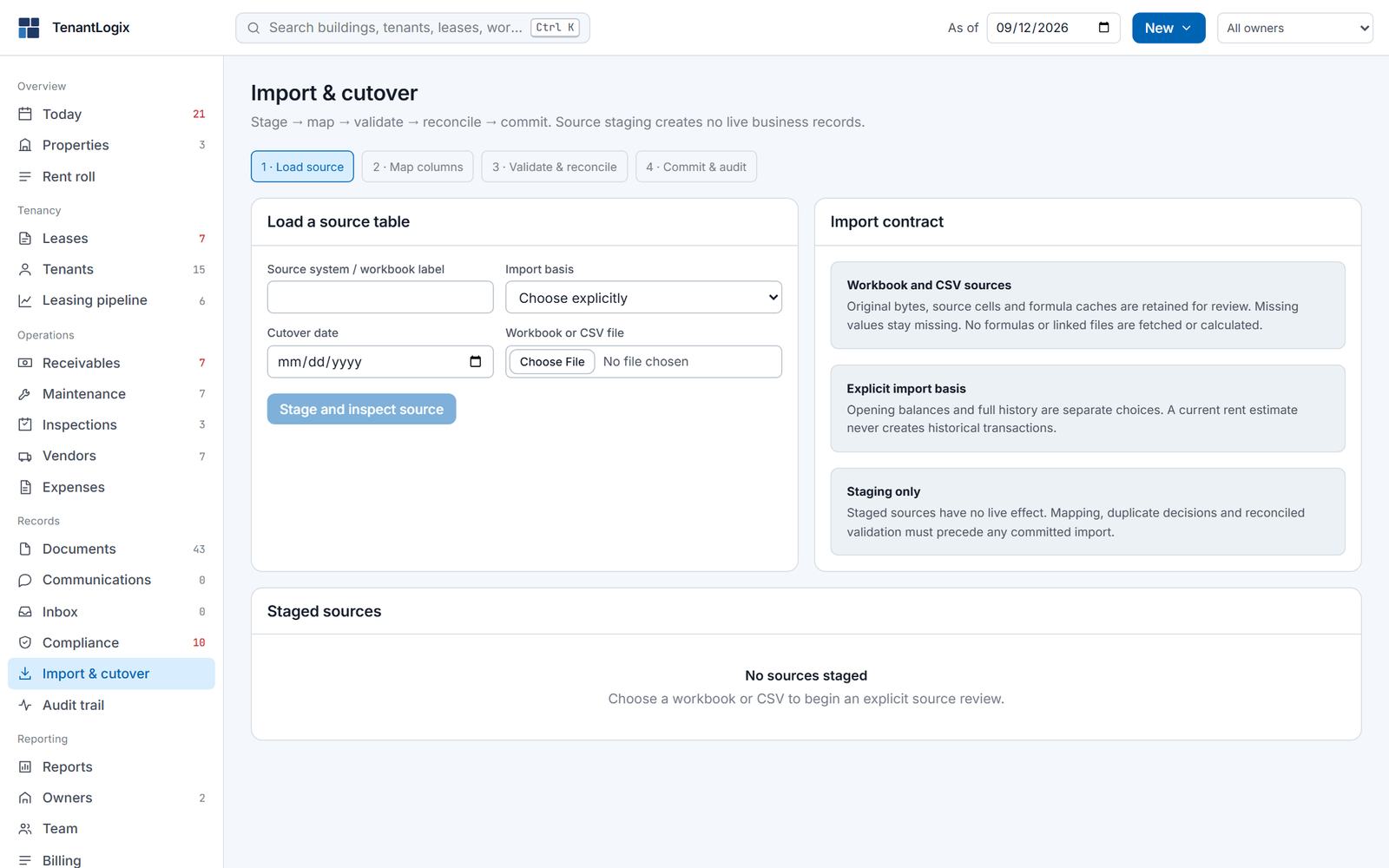Import and cutover: load a source table, the import contract for workbooks and CSV, explicit import basis and staged sources