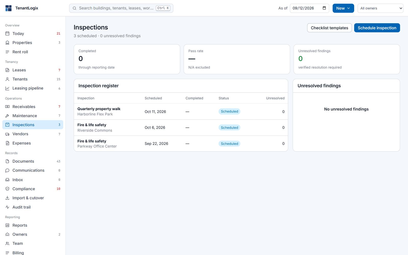 Inspections: scheduled inspections by property with date and status, and an unresolved findings panel