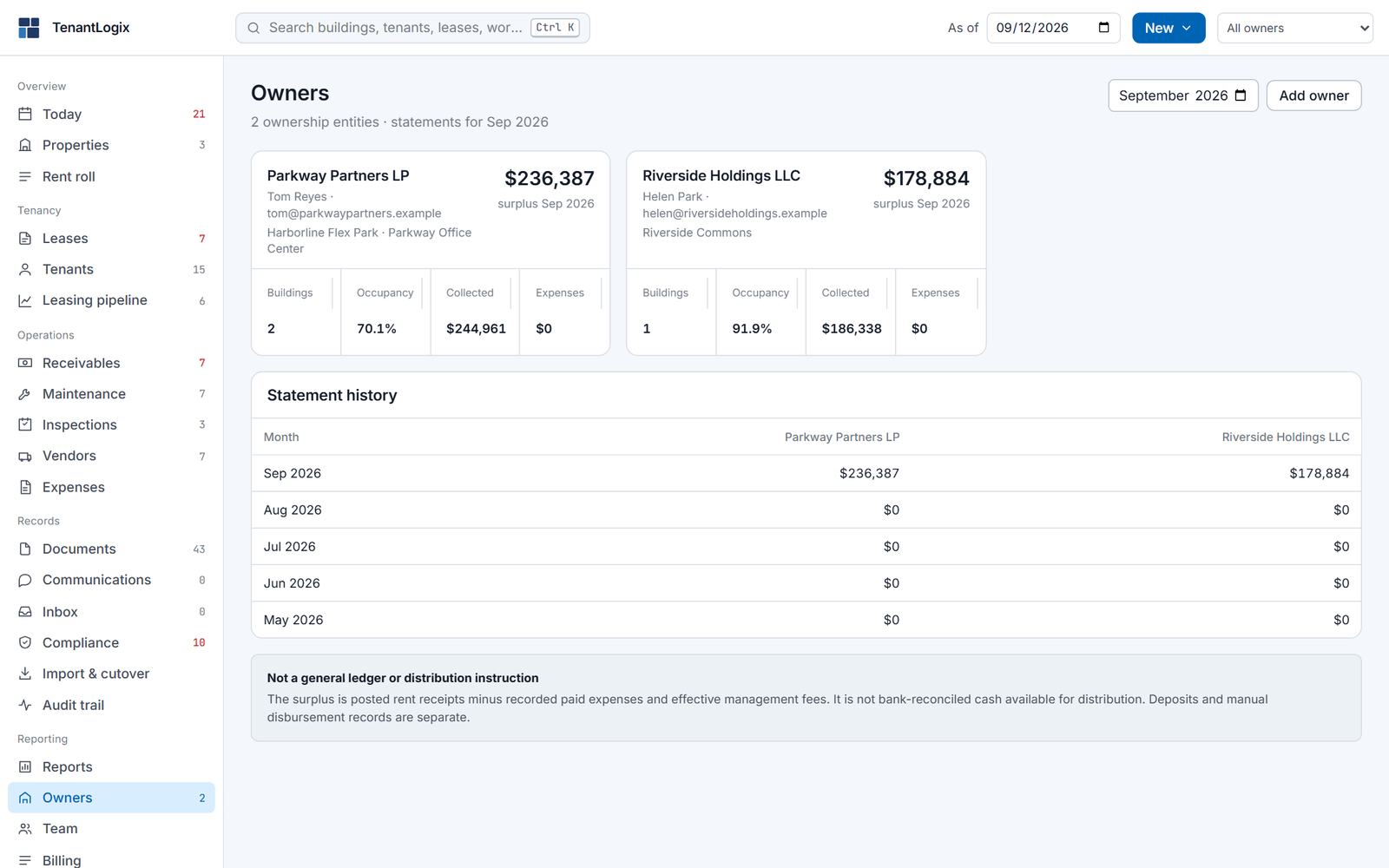 Owners page: two ownership entities with buildings, occupancy, collected and expenses, and a statement history by month