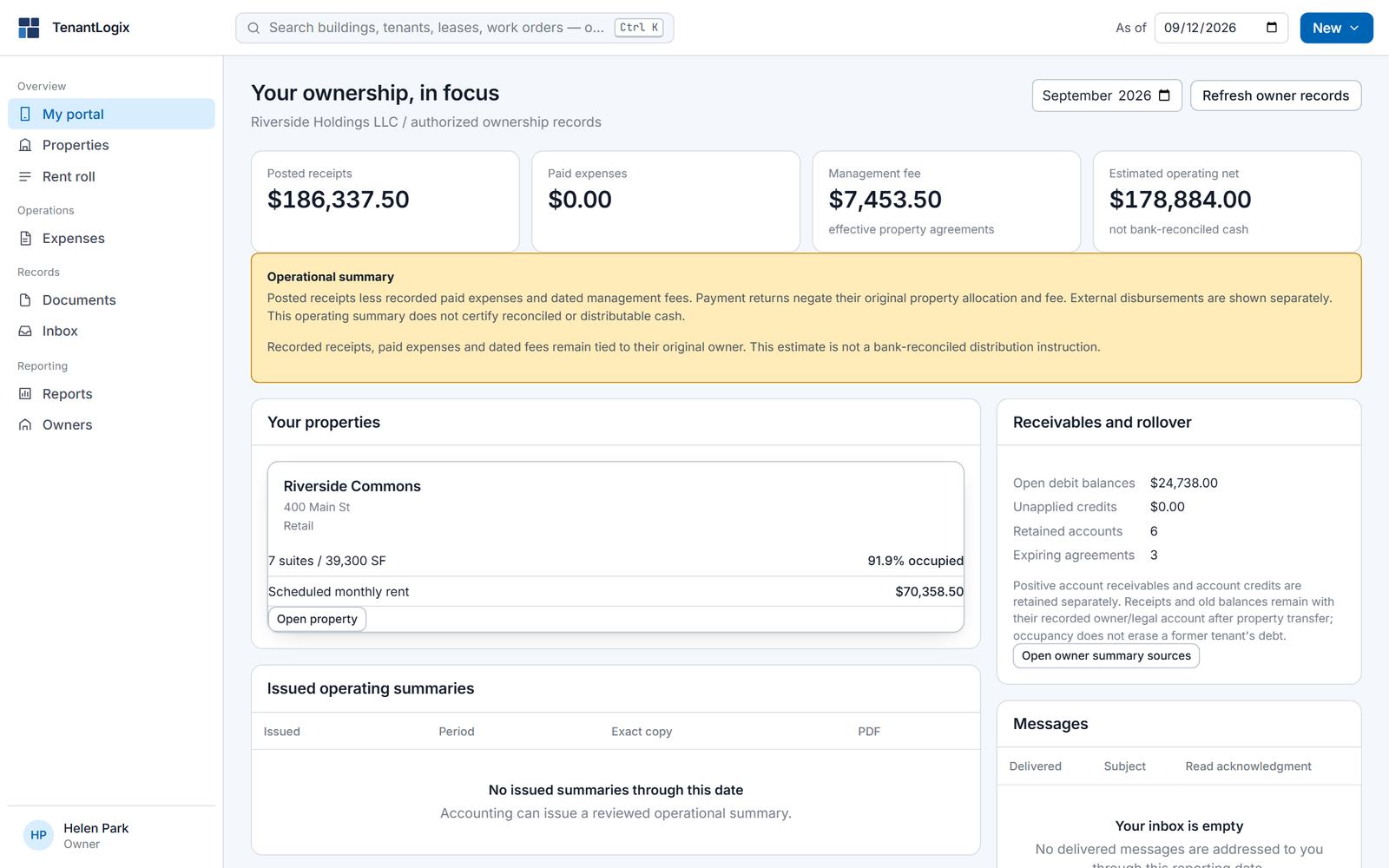Owner portal: posted receipts, paid expenses, management fee and estimated operating cash for the month, the owner's properties, receivables and rollover