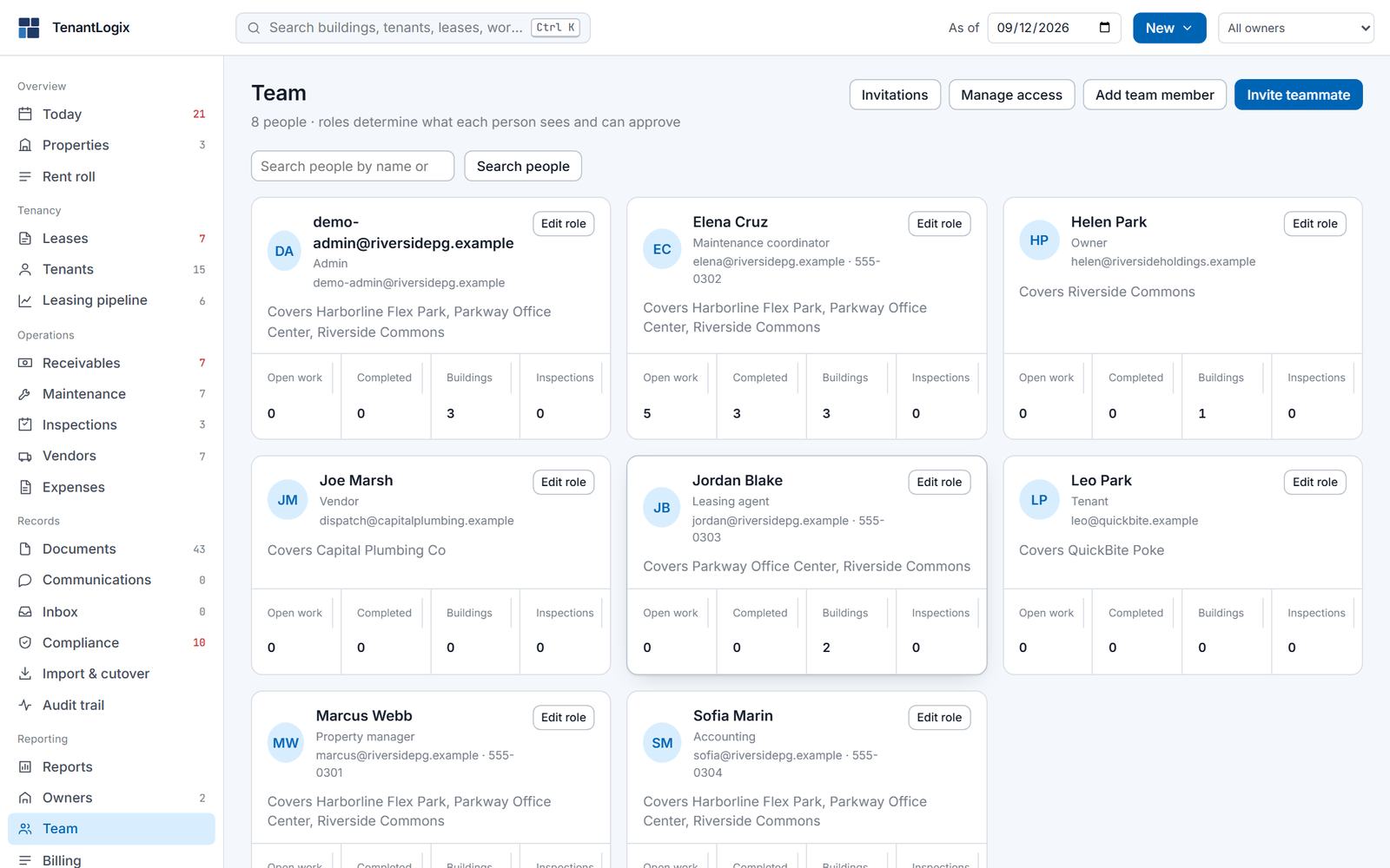 Team: people with their role, the buildings they cover and their activity counts, with invite and manage access controls